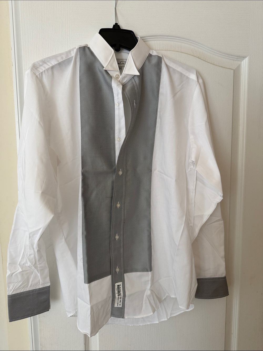 Oscar de la Renta White Dress Shirt with Gray Bib and Cuffs Panel